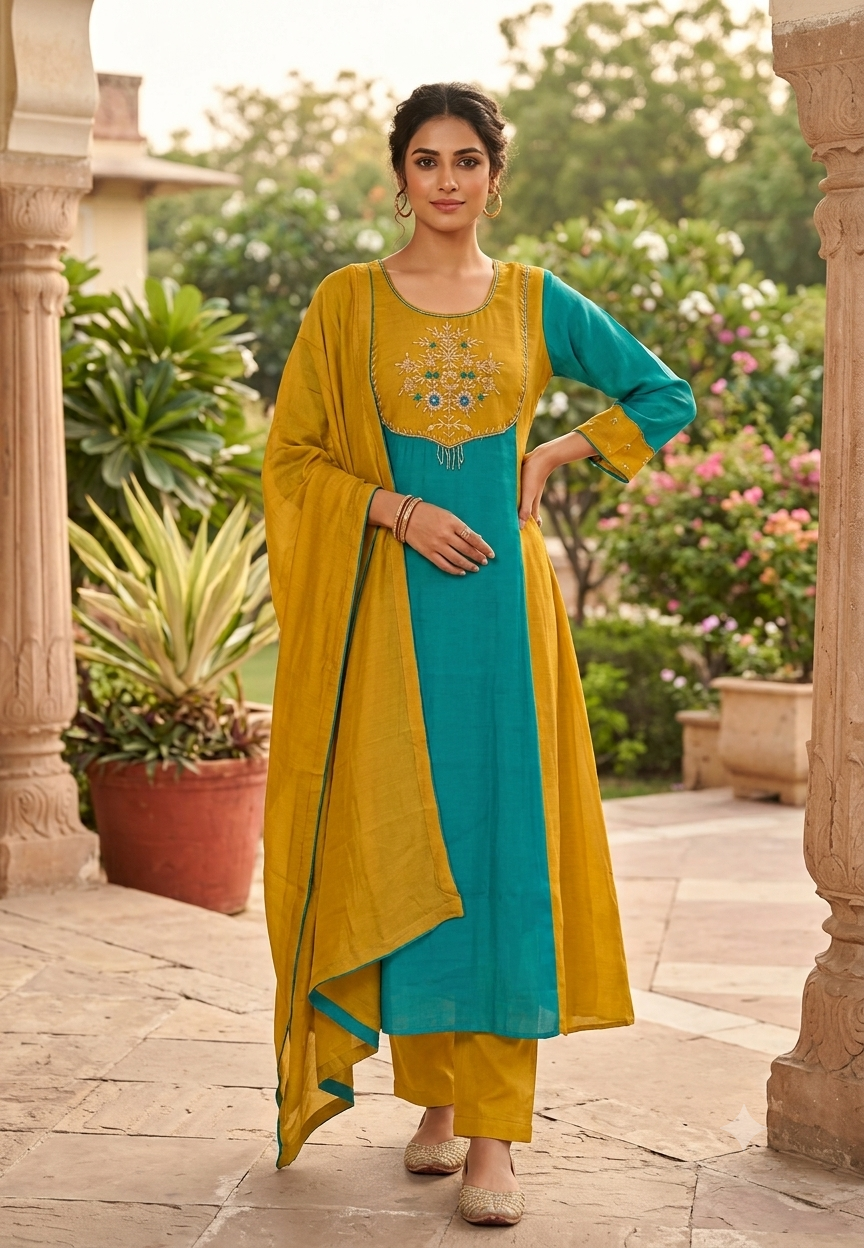 Surat Mul-Chanderi Zardozi Embroidered Yoke Contrast Shade Aline Full Suit Set With Dupatta- 16713
