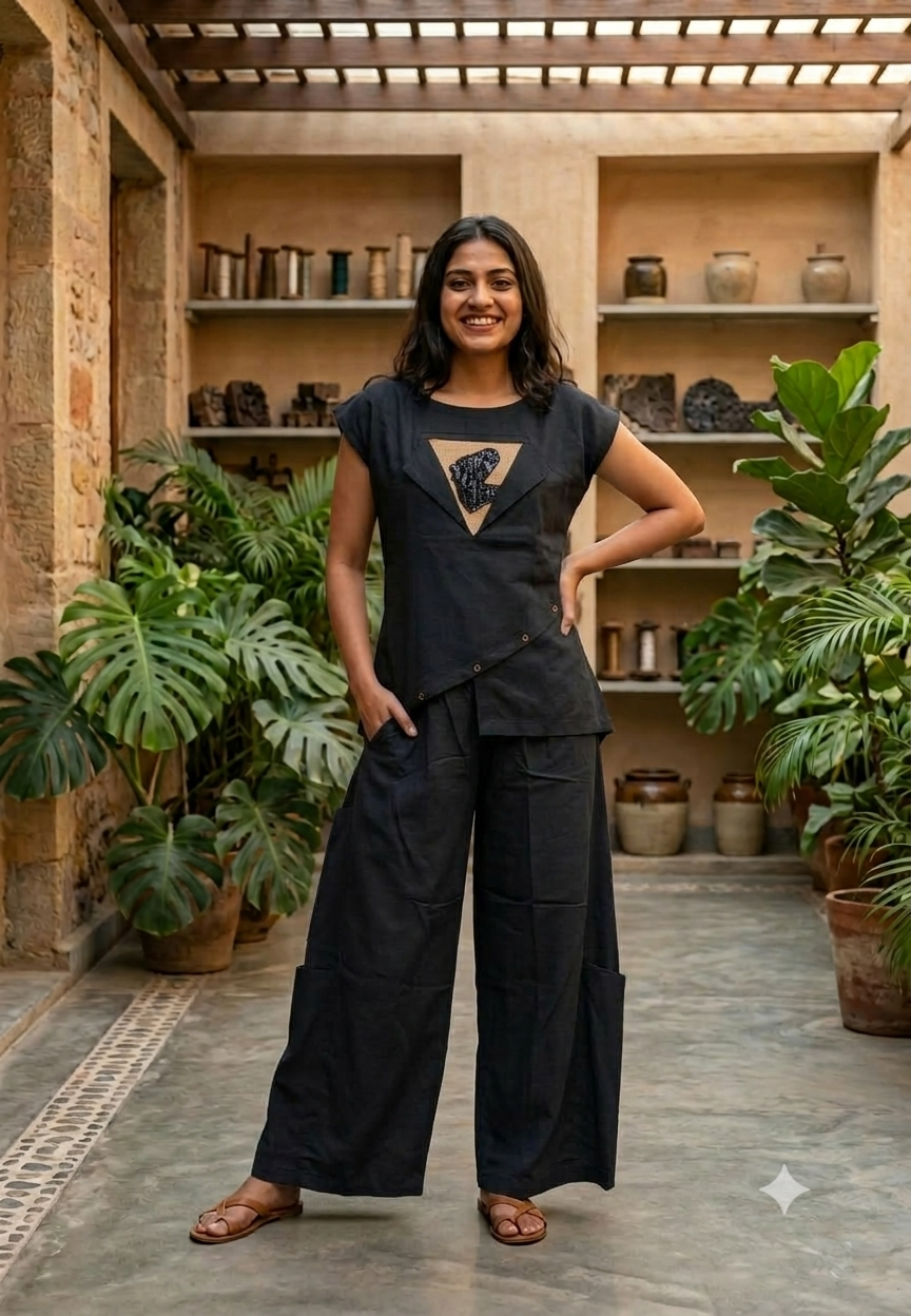 Stylish High-Low Front Flap Handloom Cotton Cut-Dana Embroidered Matching Co-Ord Set- 16706