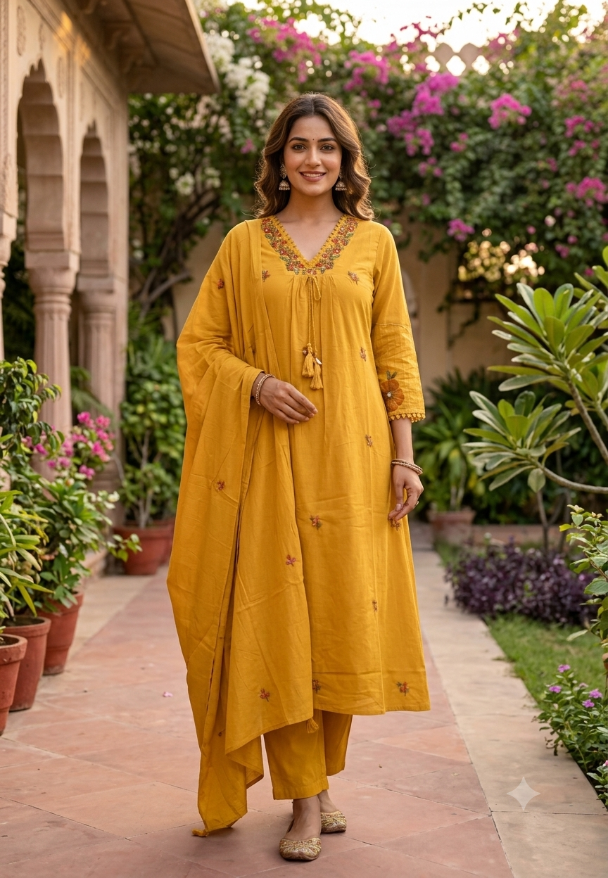 Silly Cotton Intricate Embroidery Over Neckline & Sleeves A-Line Cotton Full Suit Set With Dupatta- -16675