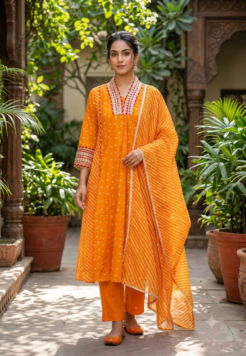 Blunt Orange With Golden Zardosi Red Highlights Kota Doria A-Line Full Suit Set With Dupatta- 16099