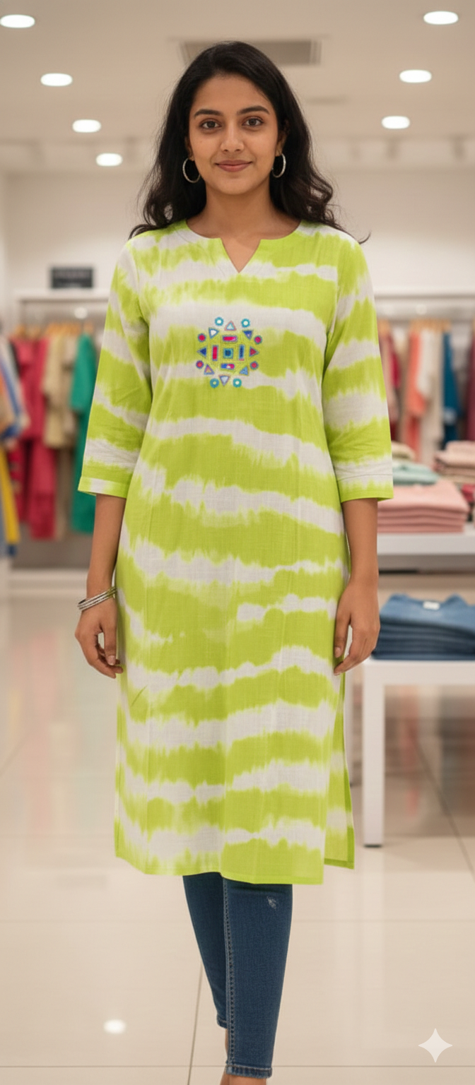 Real Mirror Embroidery Upwork Yoke Striking Striped Twin Color Cotton Kurti Only- 113524