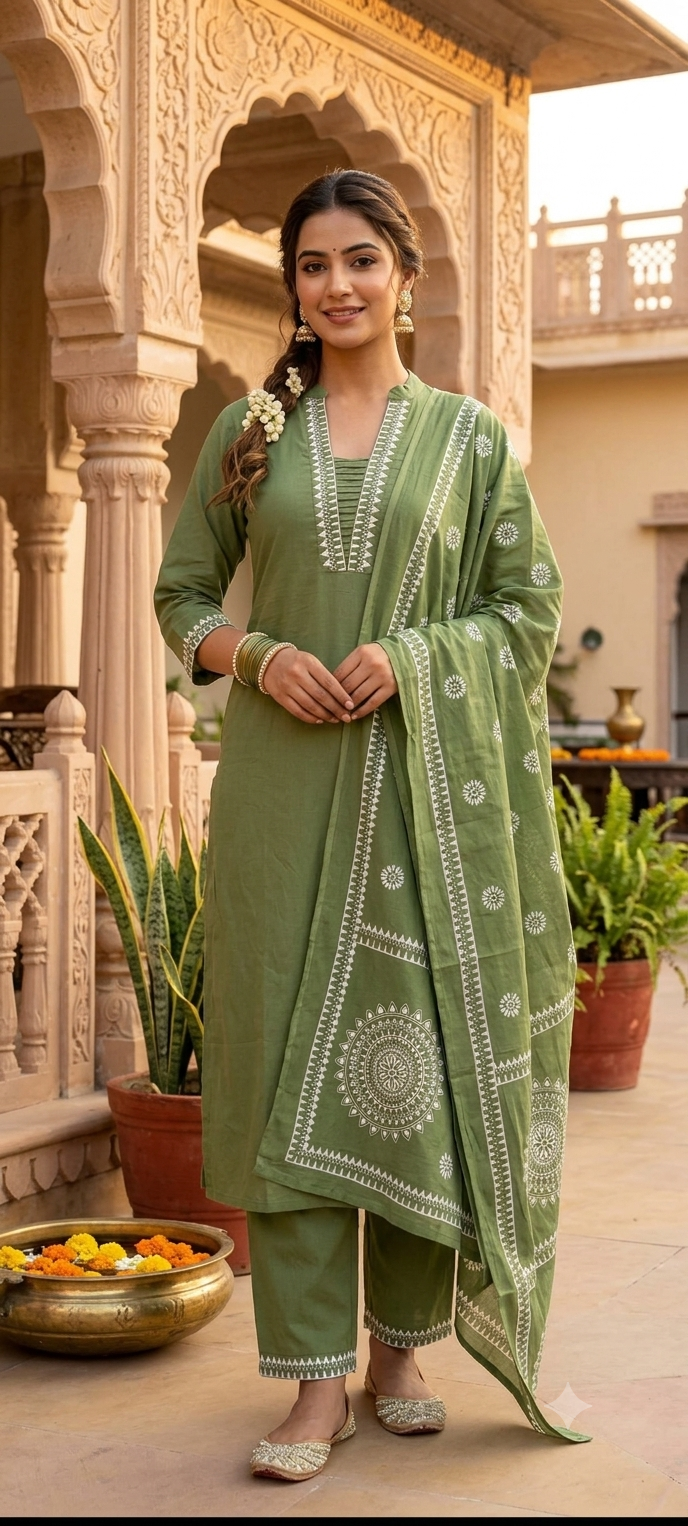 Pure Cotton Traditional Embroidered Straight Full Suit Set with Matching Dupatta-15876