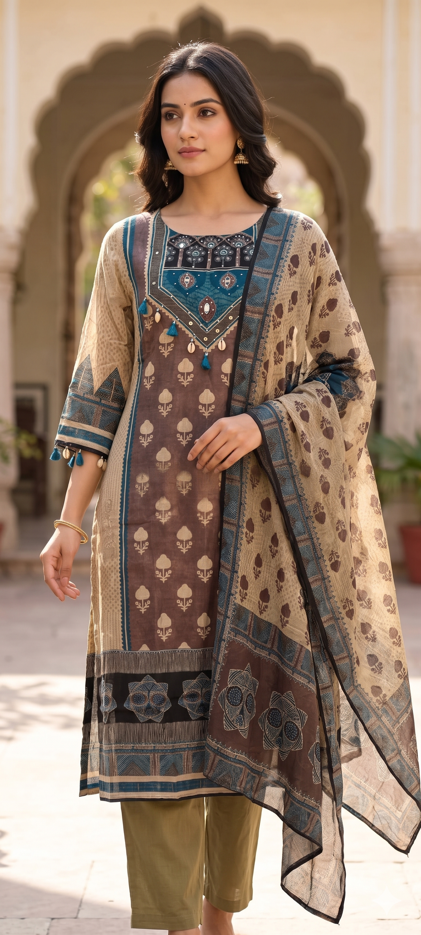 Vintage Boho Indigo & Coffee Brown Printed A-Line Russian Silk Full Suit Set With Dupatta