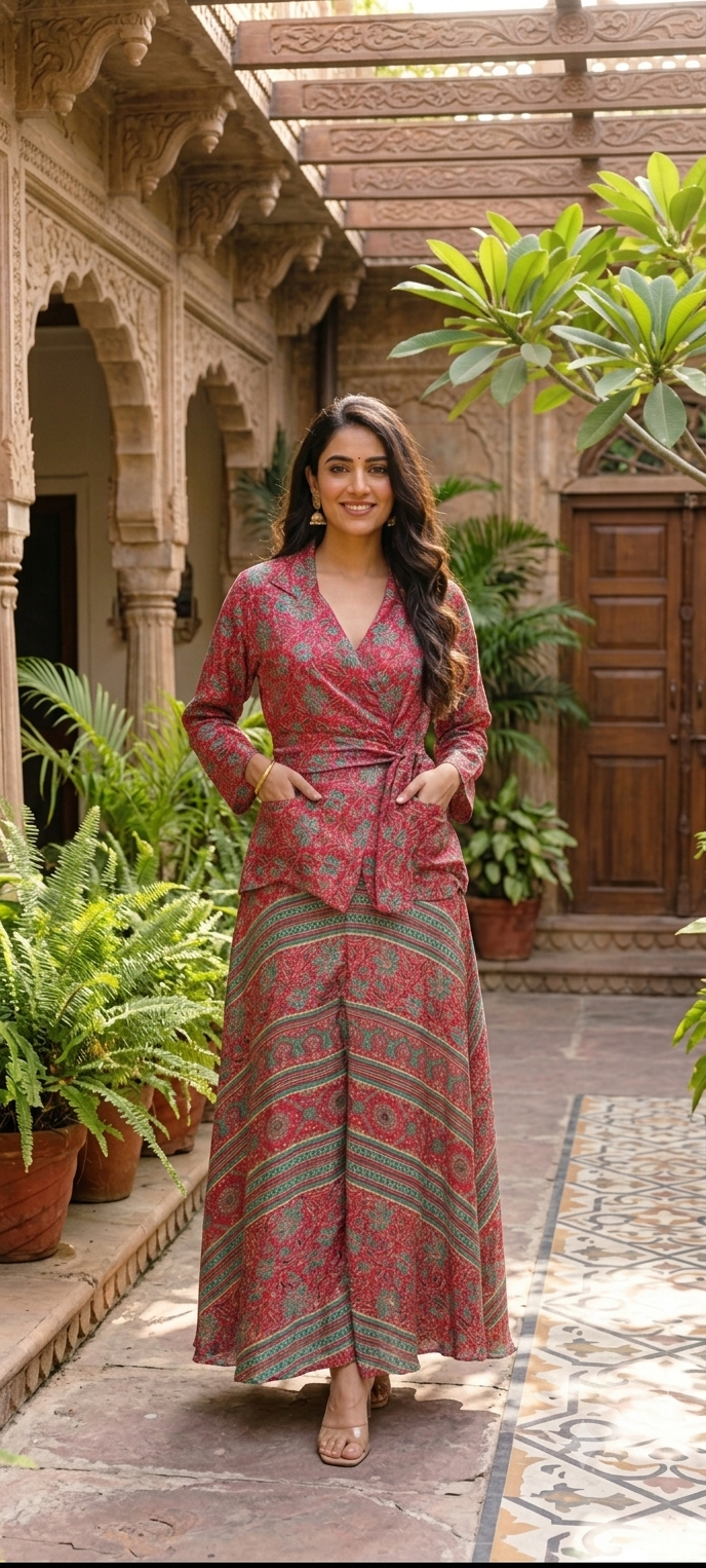 Tiny Floral Block Prints Kimono Style Shiny Modal Satin Indo Wear Top With Flared Bottom- 14947