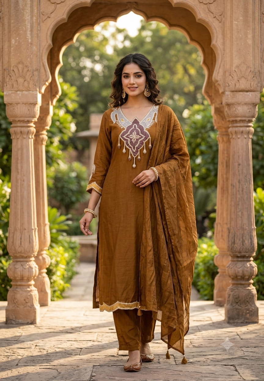 Surat Mul-Chanderi Neck Patch Dangle Accent Full  Suit Set Scallop Hem and Dupatta- 16677