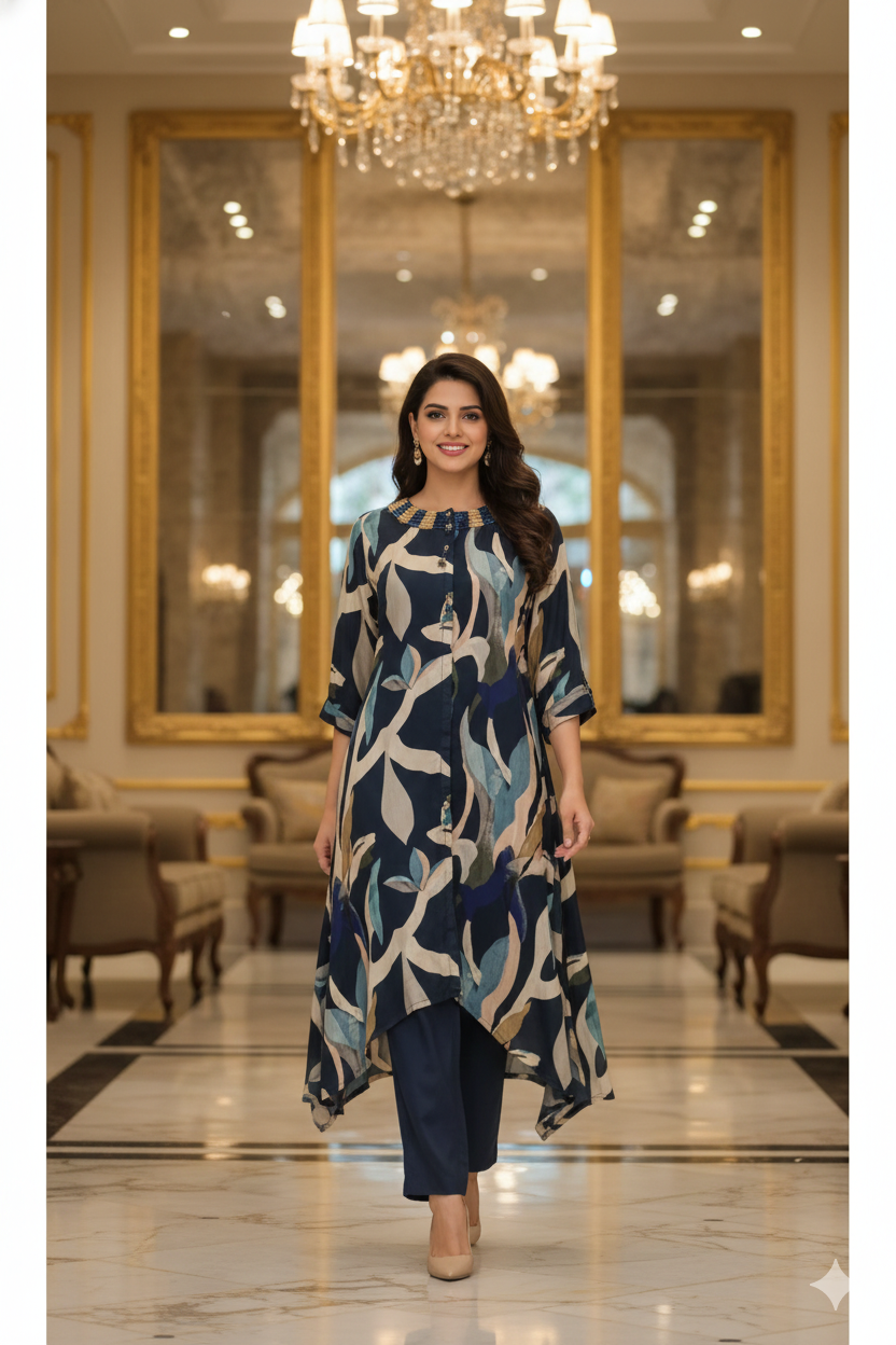 Elegant Crepe High-Low Kurta with Close Neck and Matching Pants