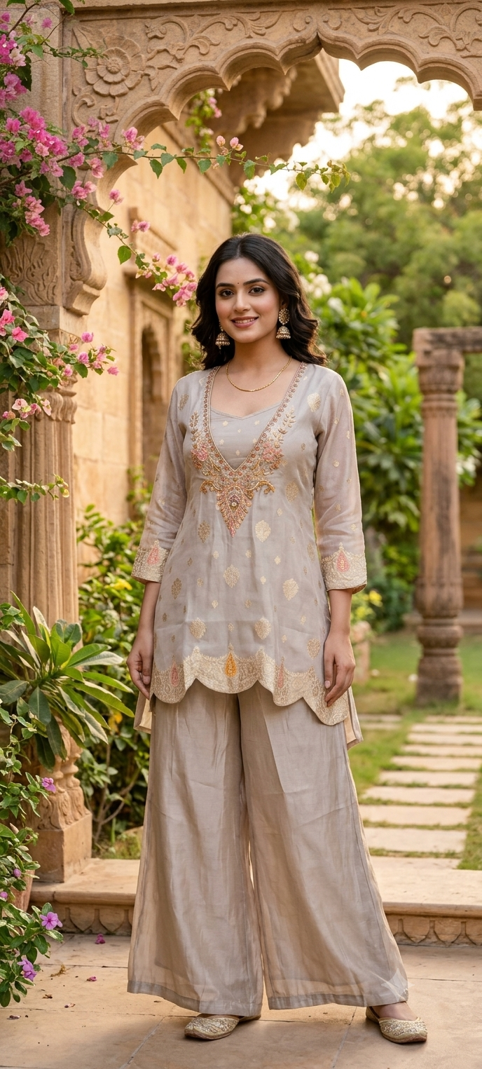 Ivory Metallic Multicolor Thread Embroidered Brocade Touch Bustier Style Co-Ord Set- 17025
