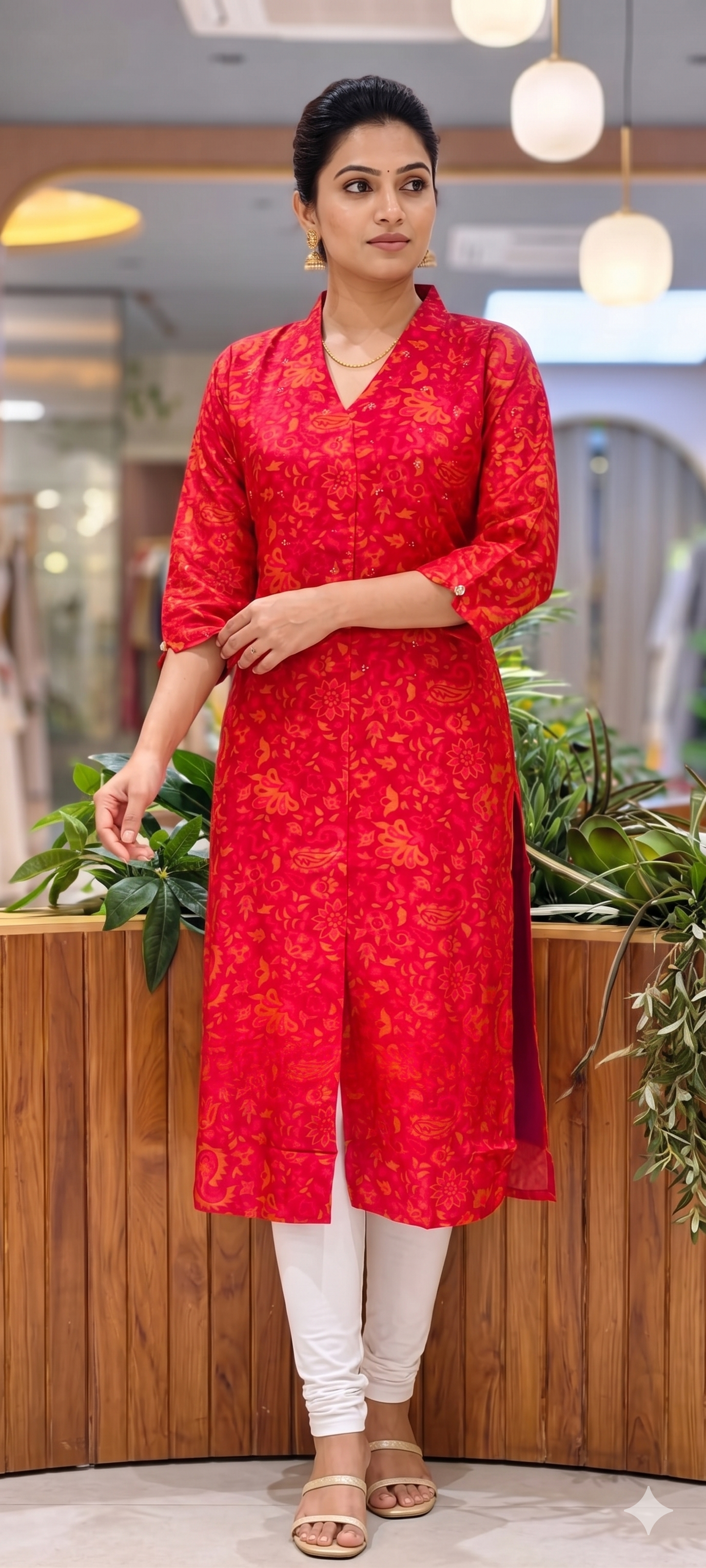 Solid Shade Light Print Golden Reinstone Highlight A-Line Russian Silk Long Kurti Only- 14618,19 RB358 LEAN FIT