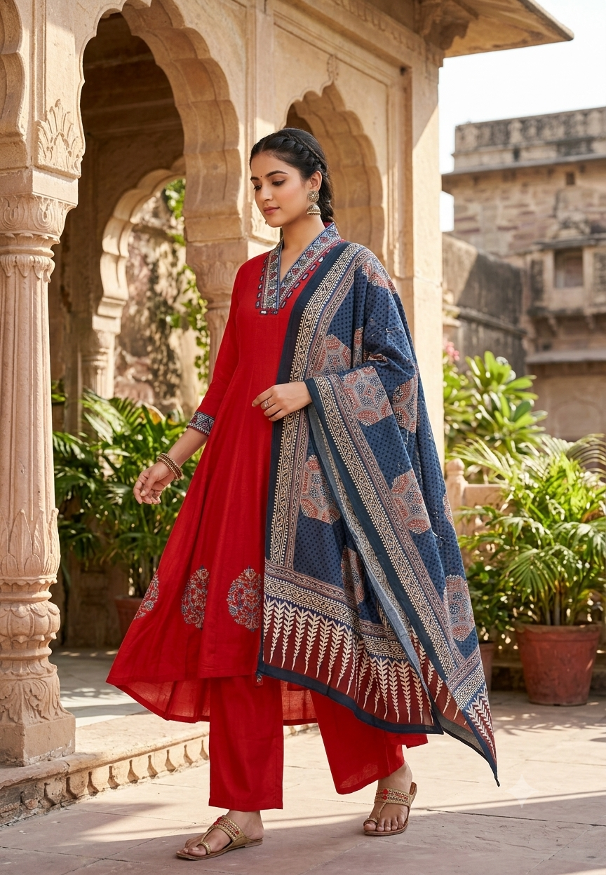 Crimson Surat Mulchanderi Aline Ajrakh-Style Printed V-Neckline, Contrast Sleeve Borders Anarkali Full Suit Set With Dupatta- 16716
