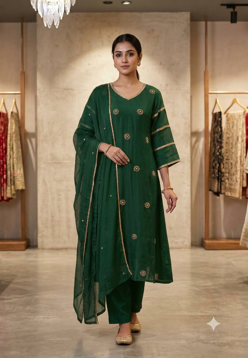 Crimson Green A-Line Full Suit Set with Floral Booti Sequins Work & Embroidered V-Neckline In Mul-Chanderi Fabric- 16587