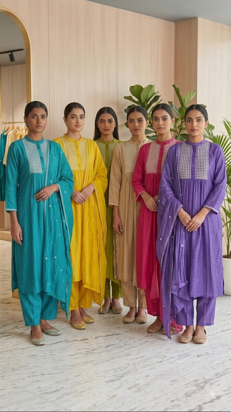 Premium Surat Mul-Chanderi Embroidered Yoke A-Line Full Suit Set with Dupatta- 15907