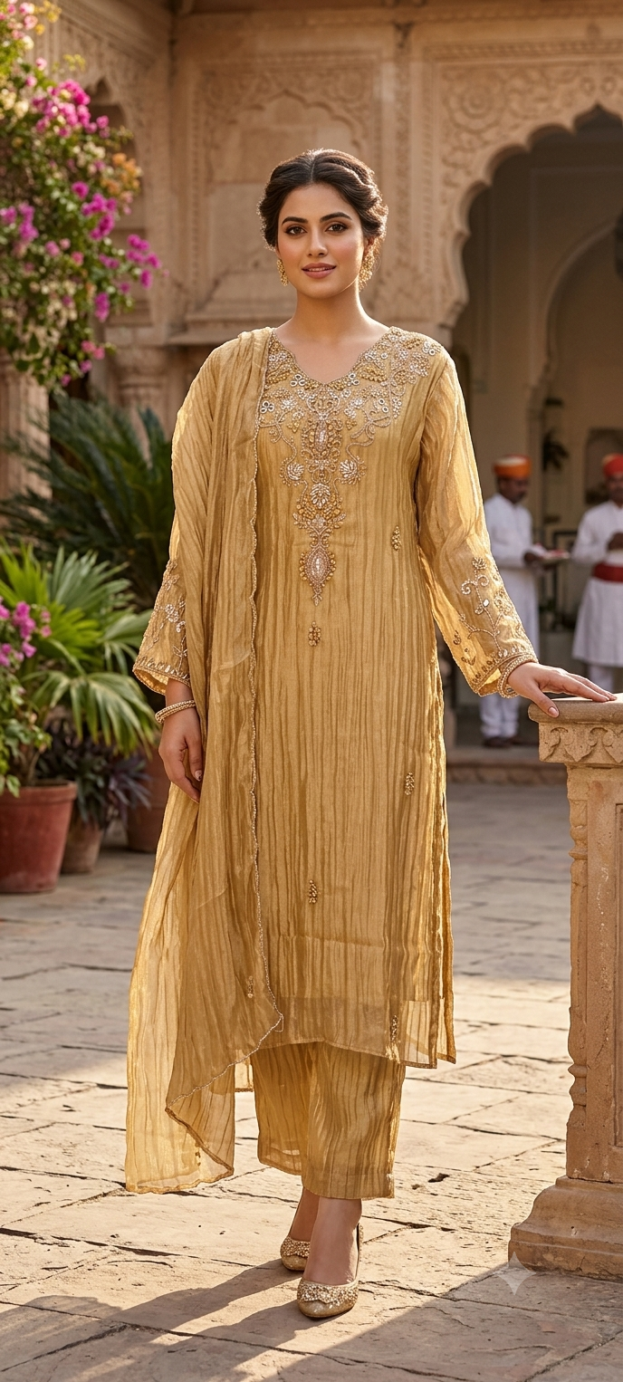Golden Glow Crushed Tissue A-Line Full Suit Set with Intricate Silver Embroidery Zardozi Yoke- 15389