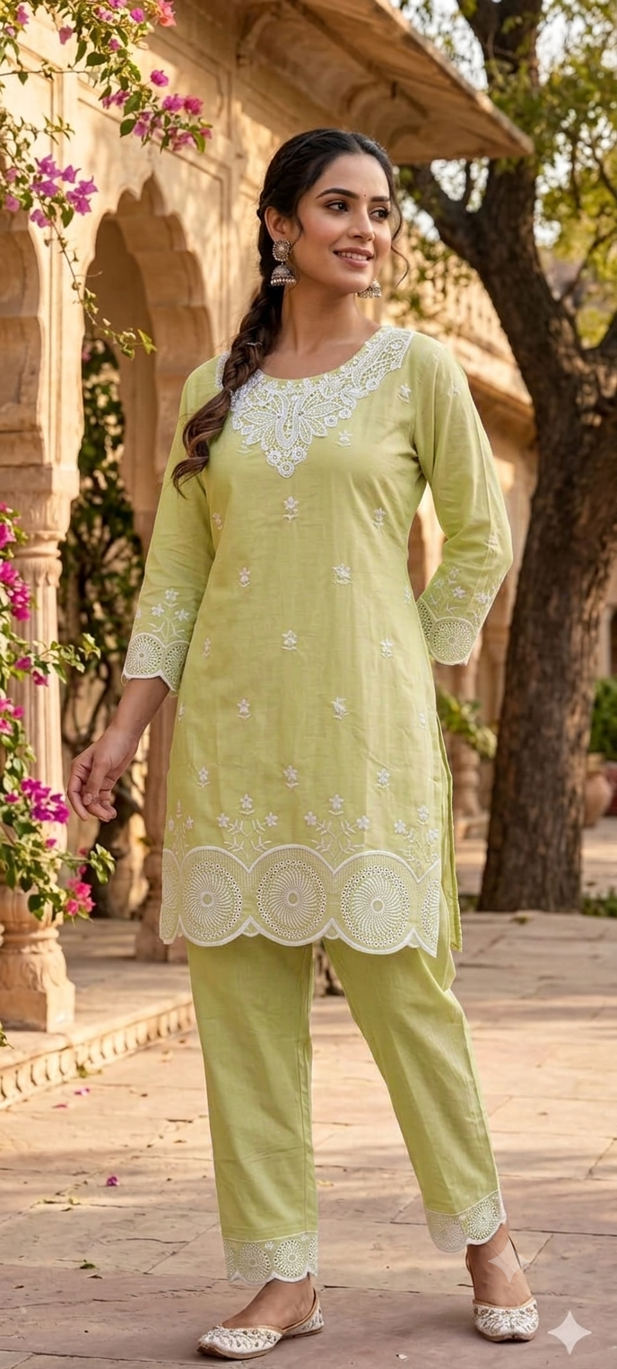 White Embroidered Lace Trimmed Work Solid Cotton Co-Ord Set- 14582