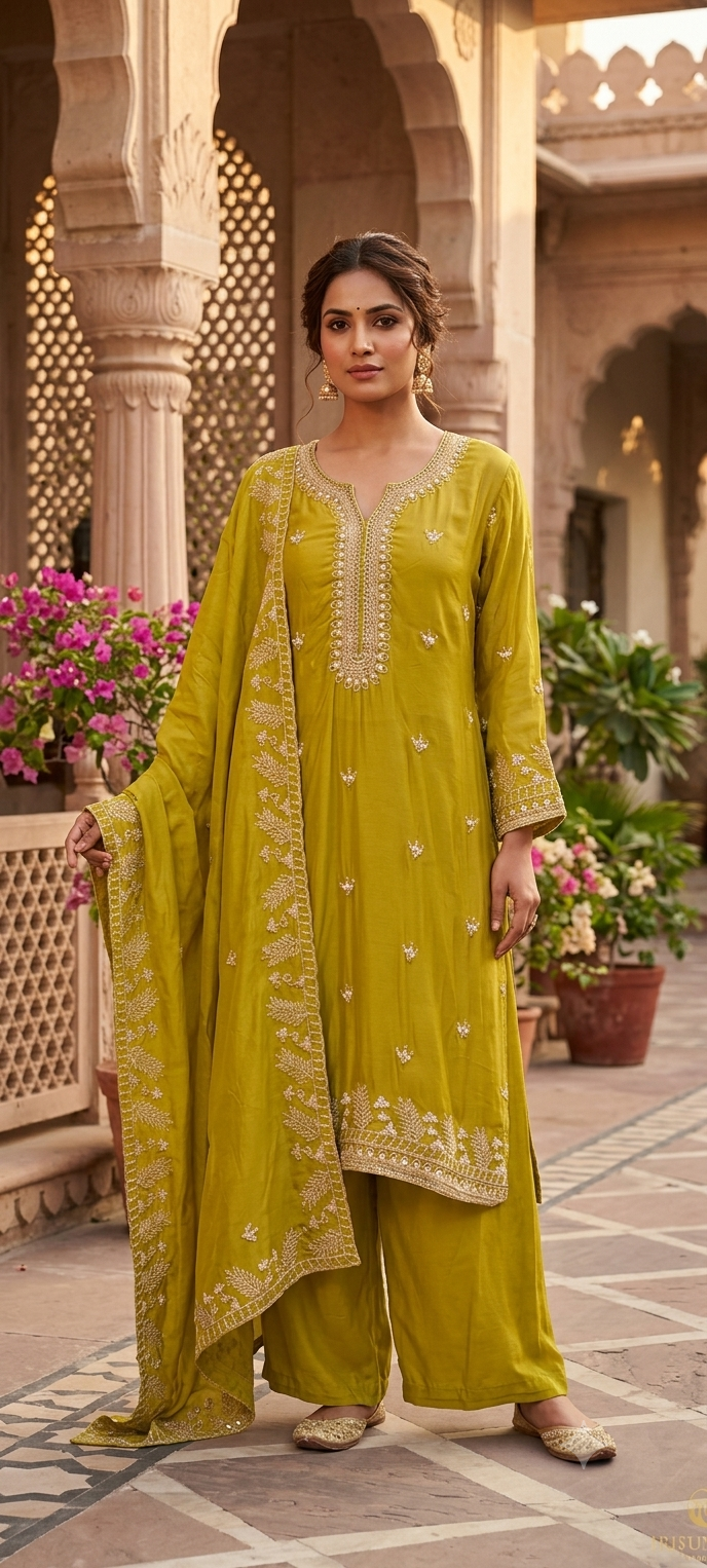 Fine Thread Embroidery With Sequin Upwork Single Shade Full Suit Set With Dupatta- 15553
