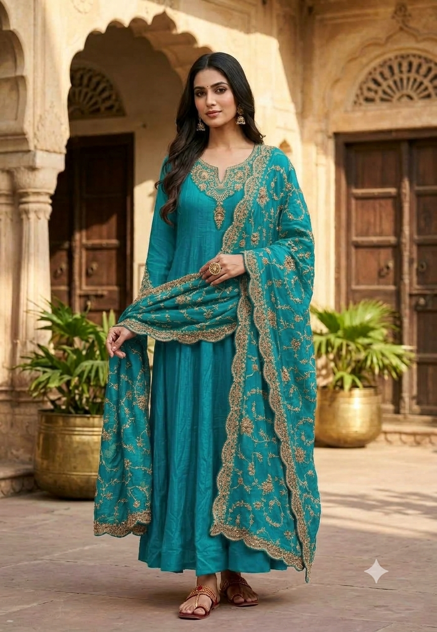 Traditional Gold Metallic Hand Embellished Chinon Panel Anarkali Suit With Dense Scalloped Cutwork Dupatta- 16617