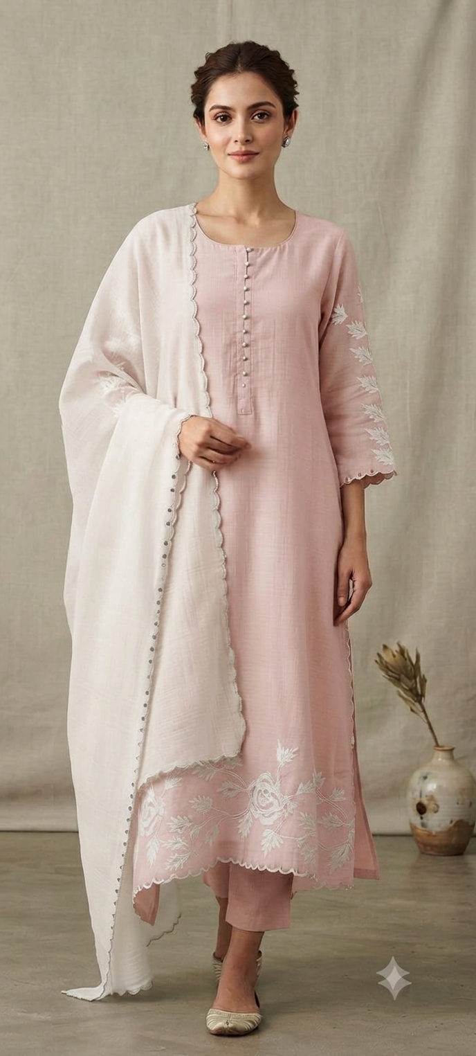 Suttle Floral Embroidered Pure Banarasi Mul-Chanderi A-Line Full Suit Set With Dual Color Dupatta- 15000