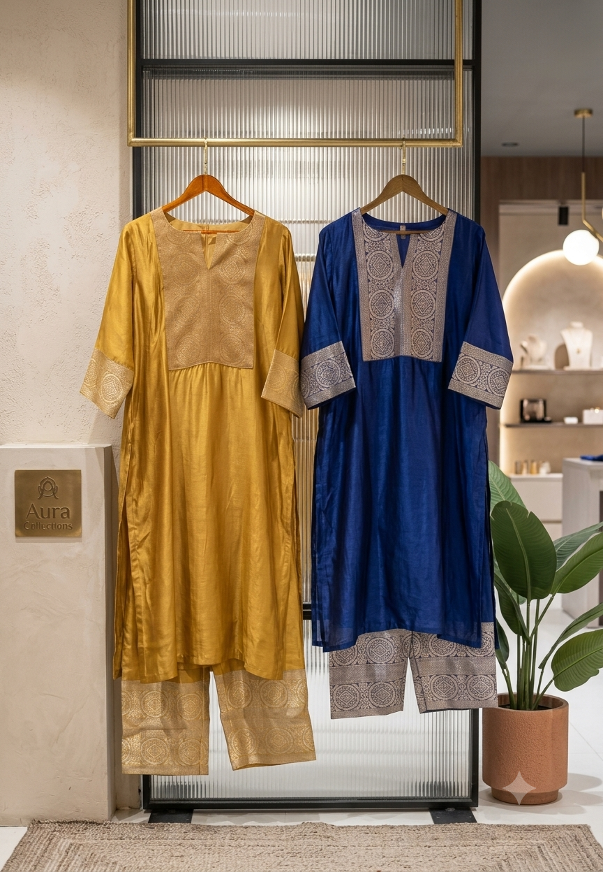 Elaborate Antique Gold Geometric Brocade Yoke, Pure Raw Silk Kurta With Matching Banarasi Touch Bottom- 17049