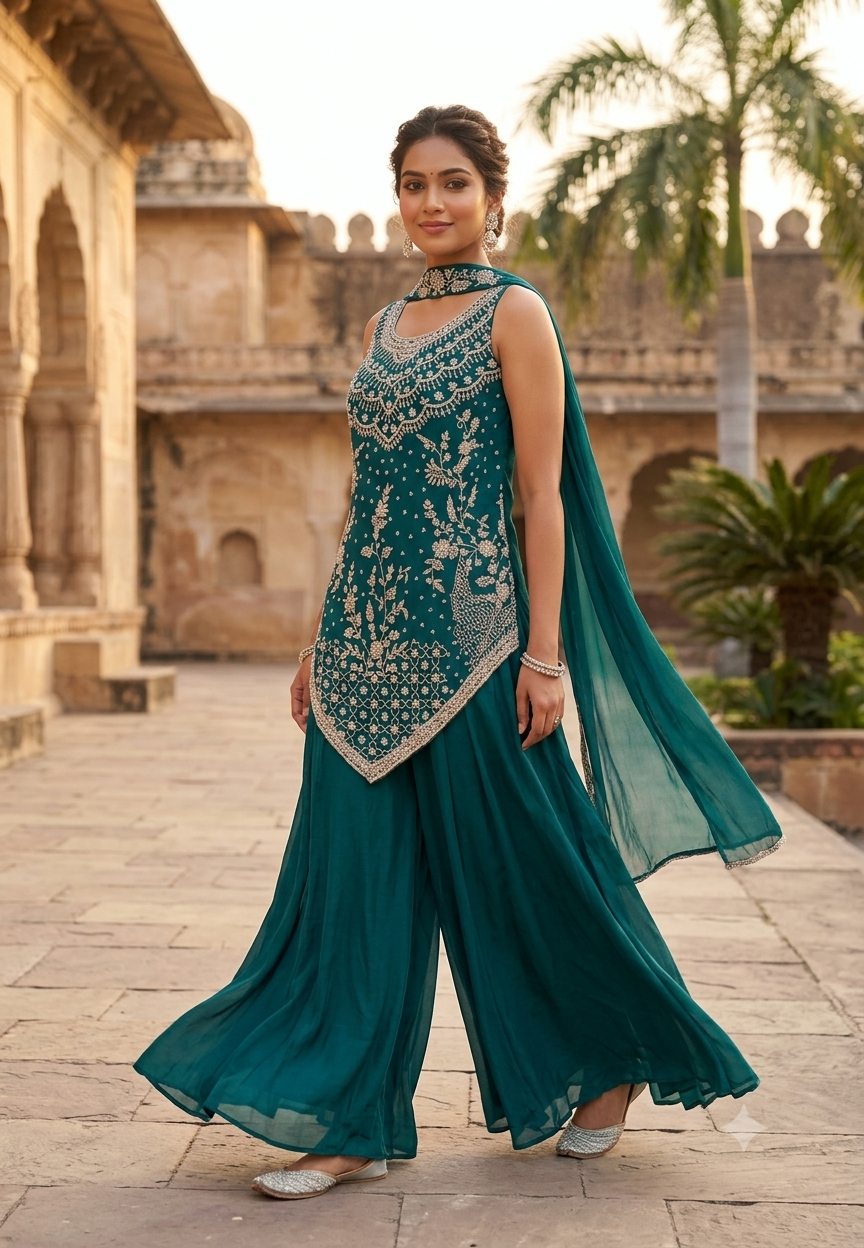 Hand-Embroidered Asymmetric Scalloped Kurta with Flared Palazzo Bottom & Chowker Dupatta Set- 16819