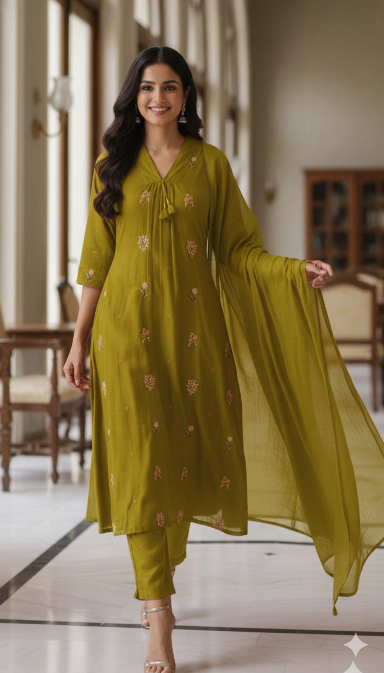 Premium Hand-Embroidered Aline Mul Cotton Kurta Pant Full Set With Tassel Detailing and Dupatta-12614,12615