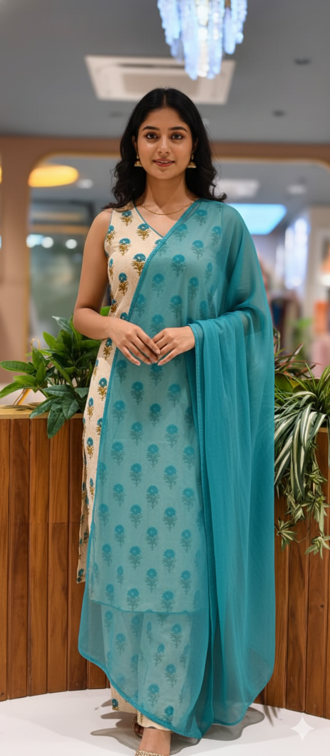 Beautiful Floral Printed Sleeveless Full Suit Set With Solid Dupatta In Cotton Fabric-13433