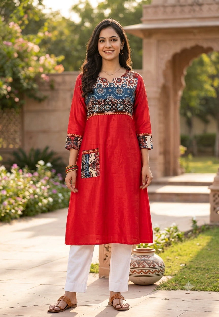 Shiny Gajji Silk Ajrak Patch Work With Pocket Aline Frock Type Kurti Only-16657