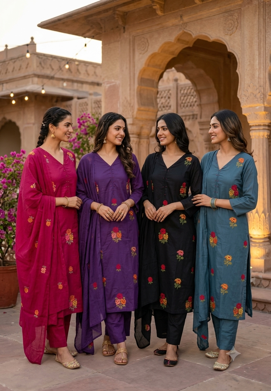 Cross-Stitch Abstract Floral Embroidery Straigth Cotton Full Suit Set With Dupatta- 16093