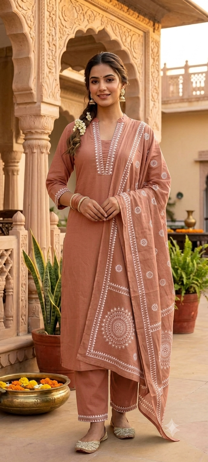 Pure Cotton Traditional Embroidered Straight Full Suit Set with Matching Dupatta-15876