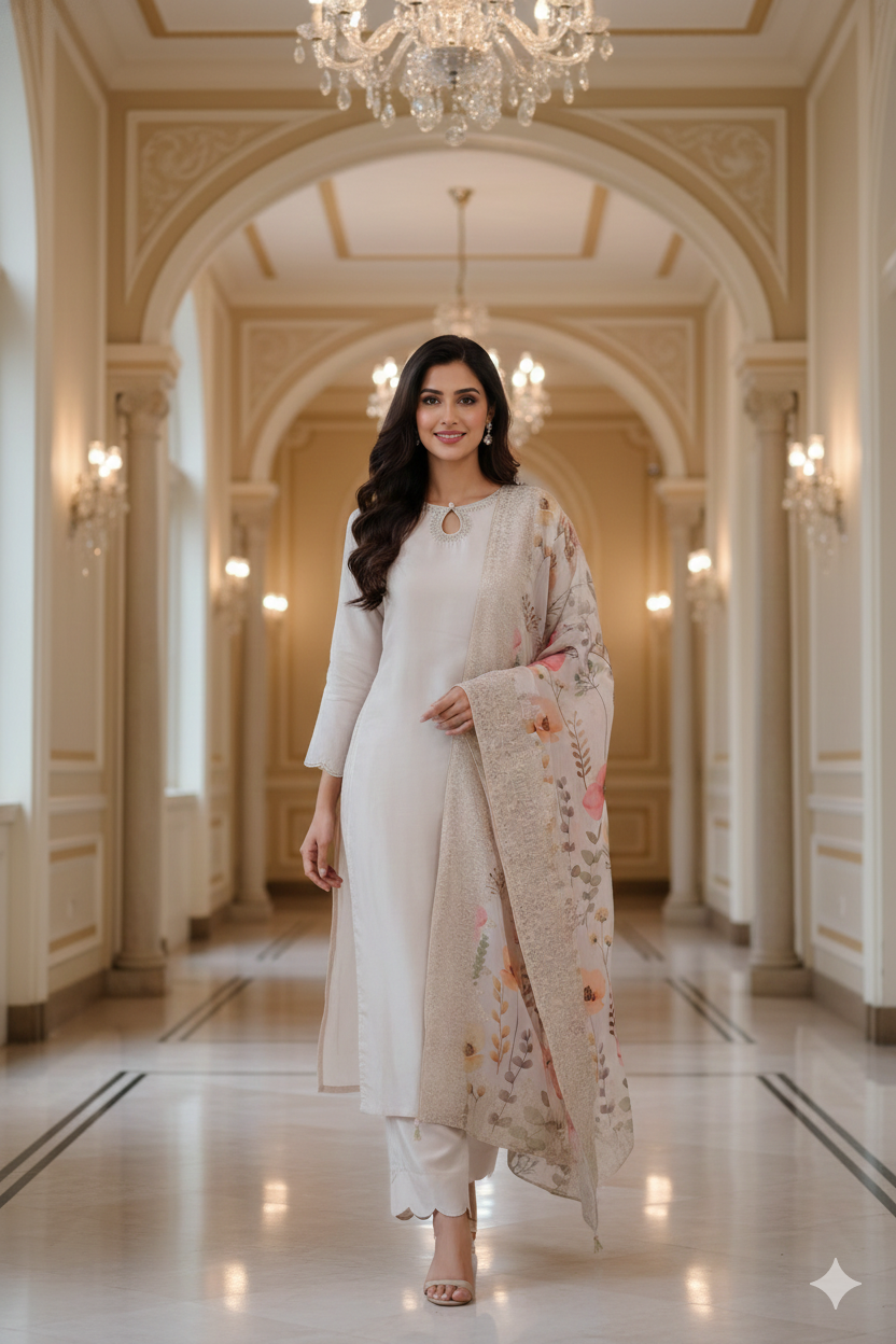 Floral Pocket Look Panel A-Line Full Suit Set With Flower Prints Dupatta In Silk Fabric- 11706