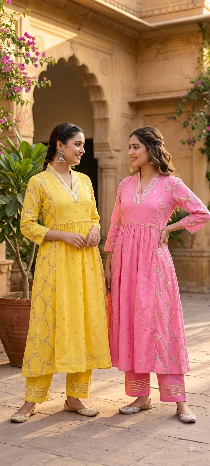 Graceful Embroidered Anarkali Kurta Set with Matching Pants – Elegant Ethnic Wear for Festive Occasion Mul Cotton Fabric--15818