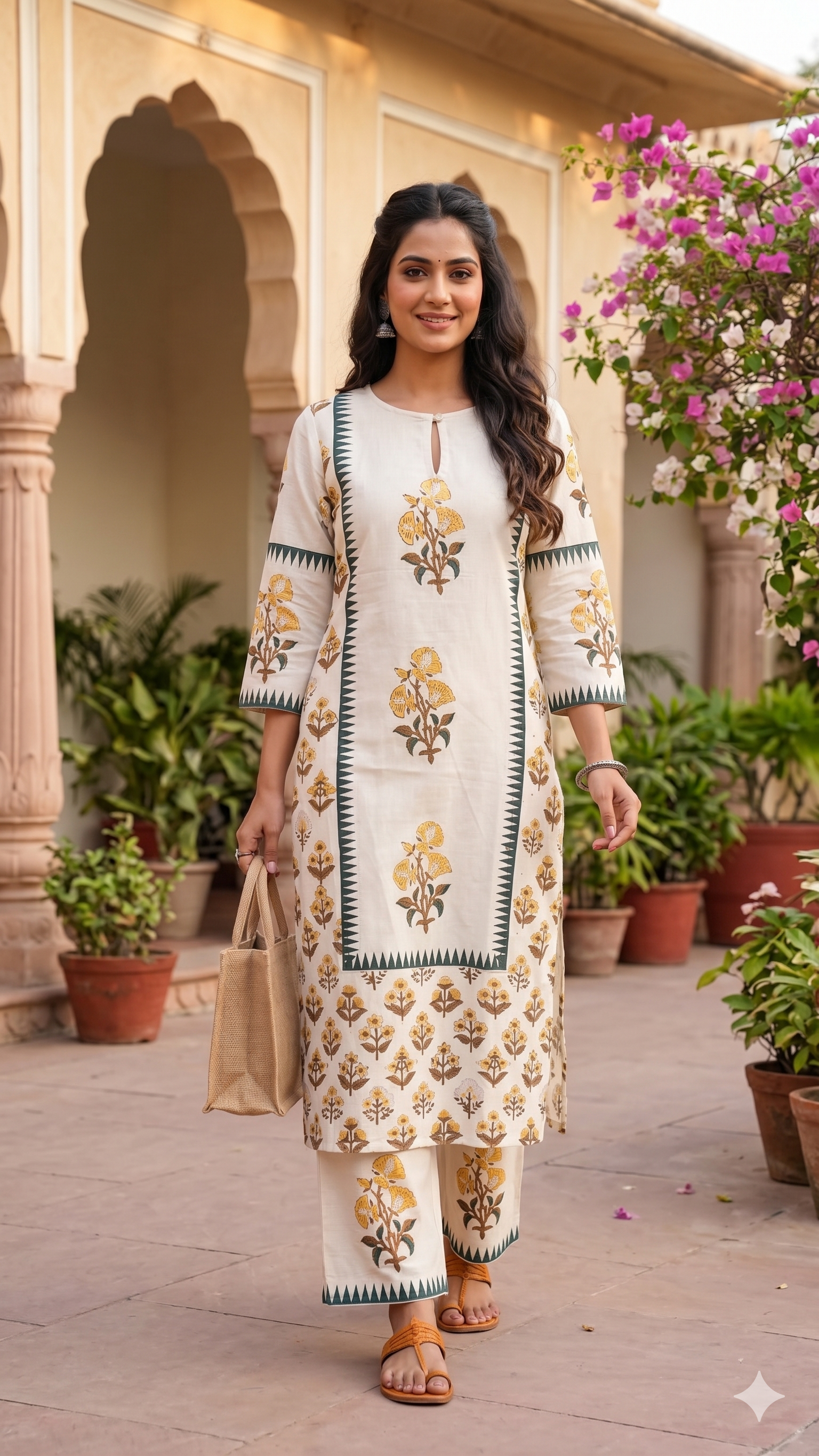 Zig-Zag Floral Printed Flex Cotton Long Kurta Pant Set