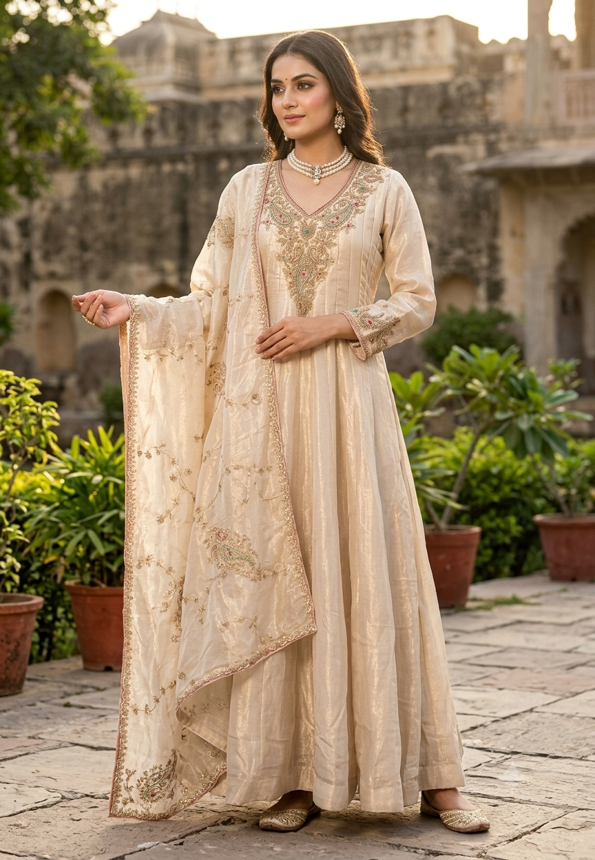 Royal Champagne Silk Tissue Anarkali Suit with Intricate Gold Neck Embroidery and Dupatta- 16619