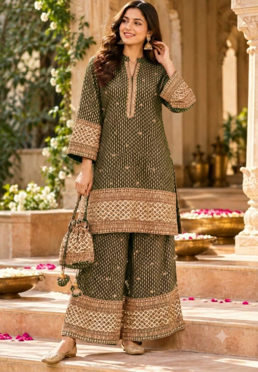 Crimson Sage Abstract Printed Short Kurta Set with Heavy Circle Lace Embroidered Borders & Flared Palazzo Pants-