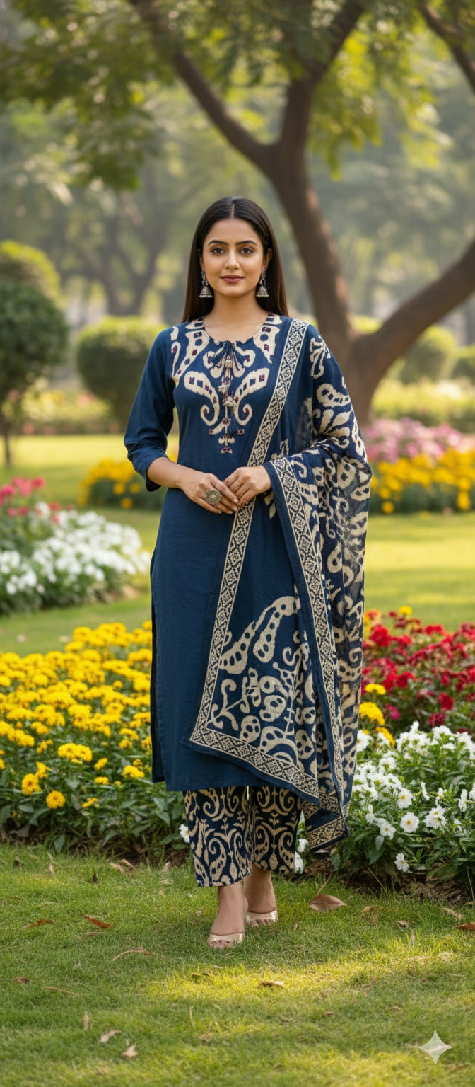 Ikkat Elegance Solid Bold Shade Cotton Full Suit Set With Dupatta- 13406