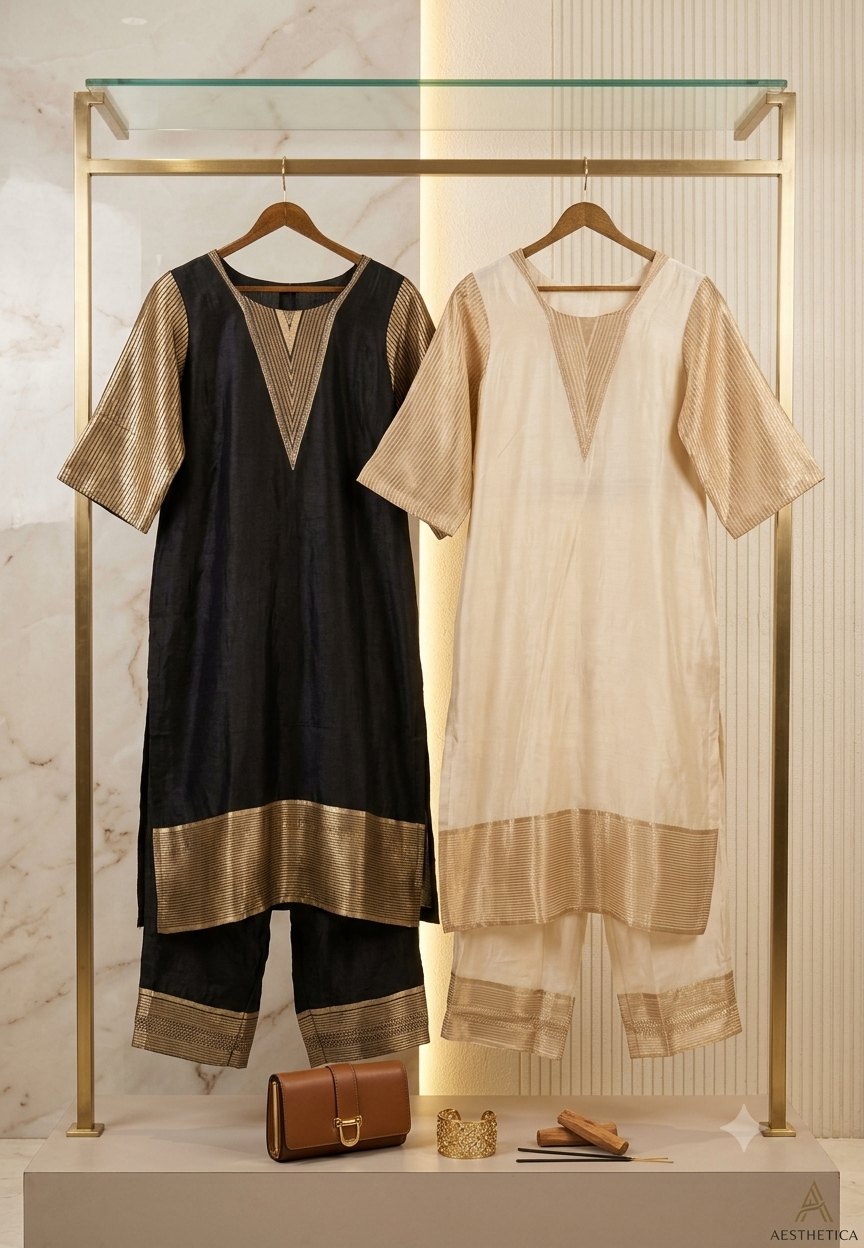 Decorative V-Shaped Neckline Panel, Broad Metallic Gold Striped Hem Border Raw Silk Kurta With Matching Wide-Leg Pant- 17044