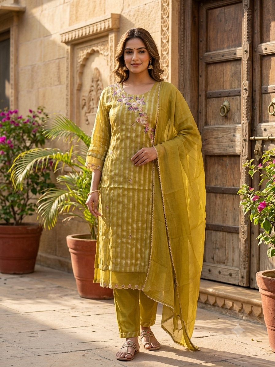 Floral Elegance Embroidered Golden Striped Tissue Full Suit Set With Dupatta