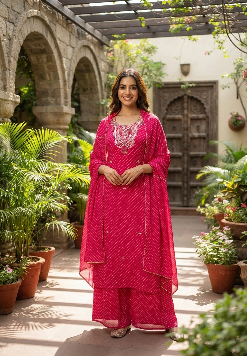 Elegant Traditional Gotta Embroidered Leheriya Pattern Semi Georgette Full Suit Set With Dupatta- 15118
