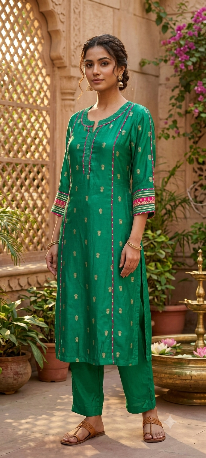 Traditional Silk Ethinc Kurta Pant Set With Pink & Golden Highlighted Pipings- 15535