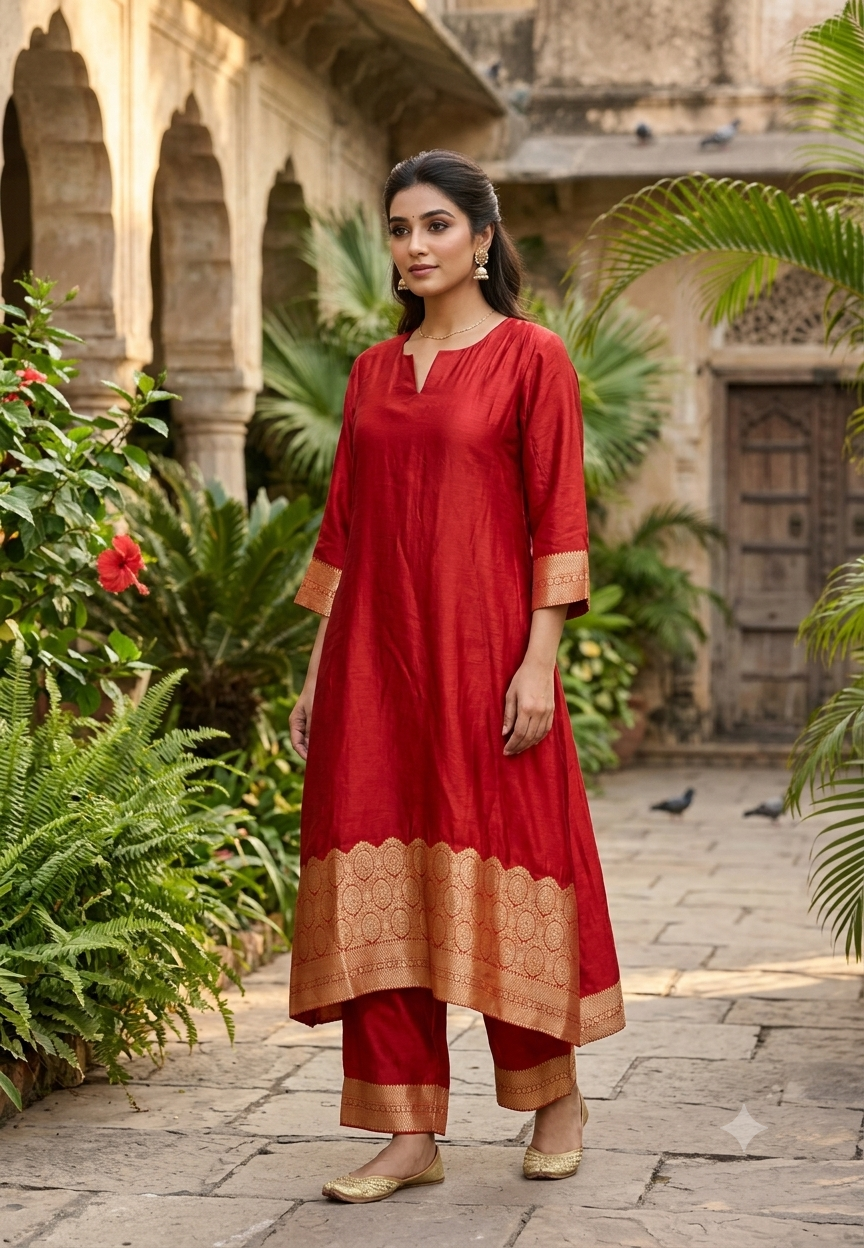 Raw Silk Kurta With Scalloped Asymmetric Hem Ornate Circular Gold Woven Border Detailing and Matching Pants- 17057