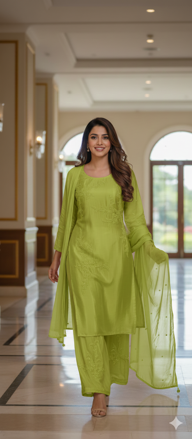 Designer Chinon Fabric Kurta–Palazzo Ensemble Adorned with Intricate Hand Embroidery & Beadwork With Dupatta DRY WASH