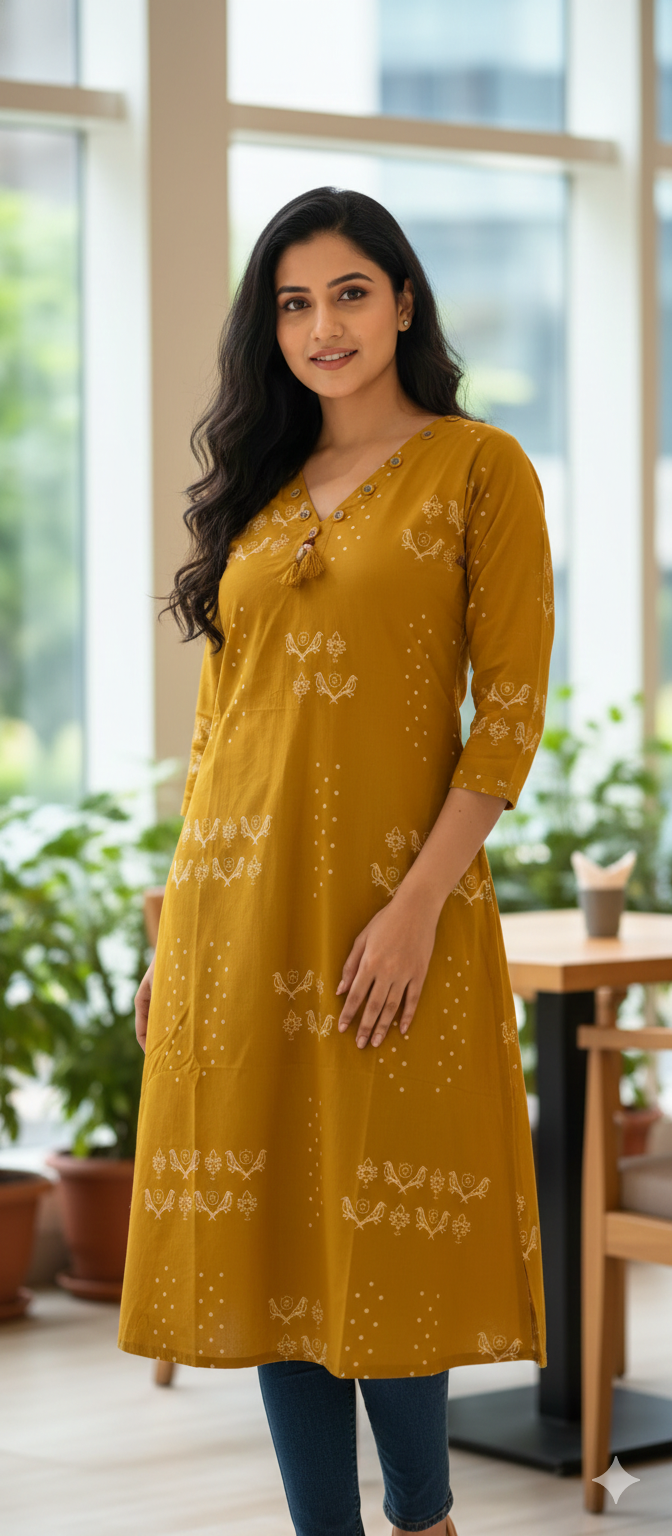 Solid Kurta With Real Mirror Neck Line Tiny Birds & Polka Print In Cotton Fabric- 13519