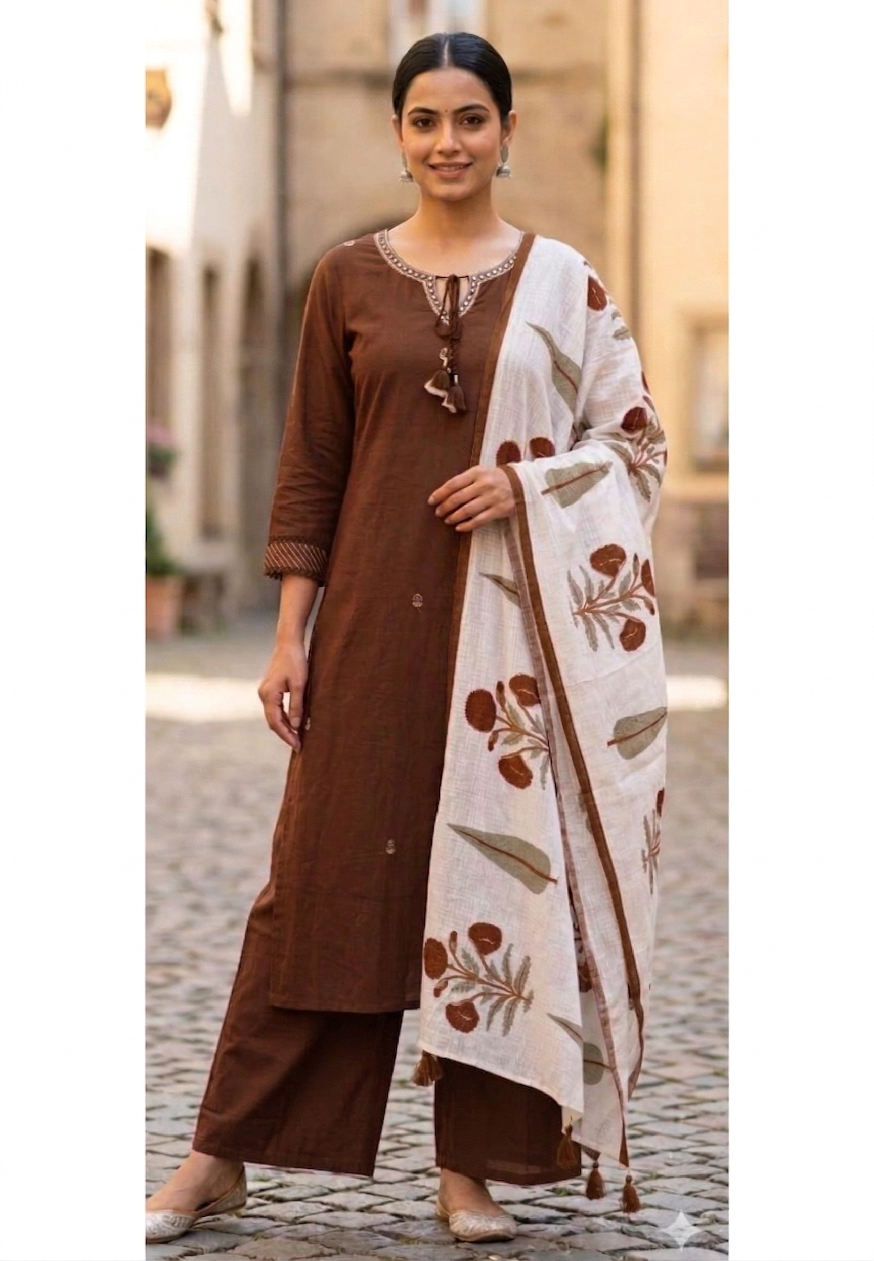 Wood Elegance Smart Solid Straight Cut Full Suit Set With Printed Dupatta In Cotton Fabric- 13286
