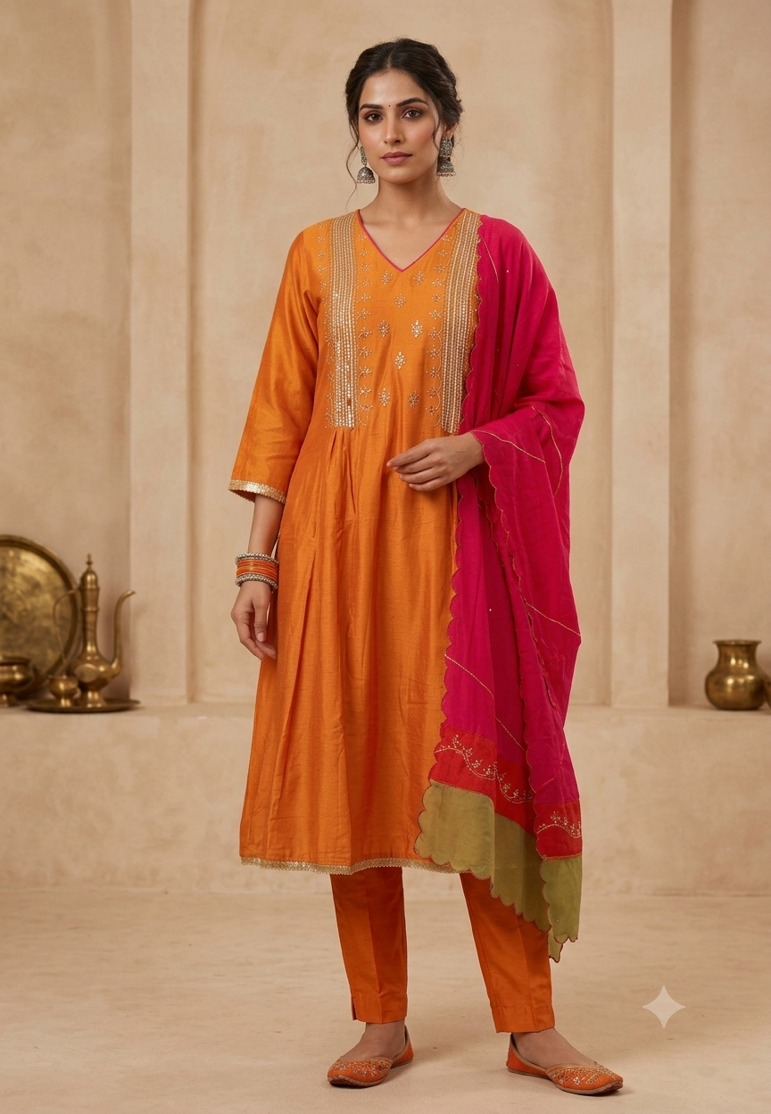 Delicate Sequin Embroidery Touch Vibrant Multi Color A-Line Mul-Chanderi Full Suit Set With Dupatta- 16639