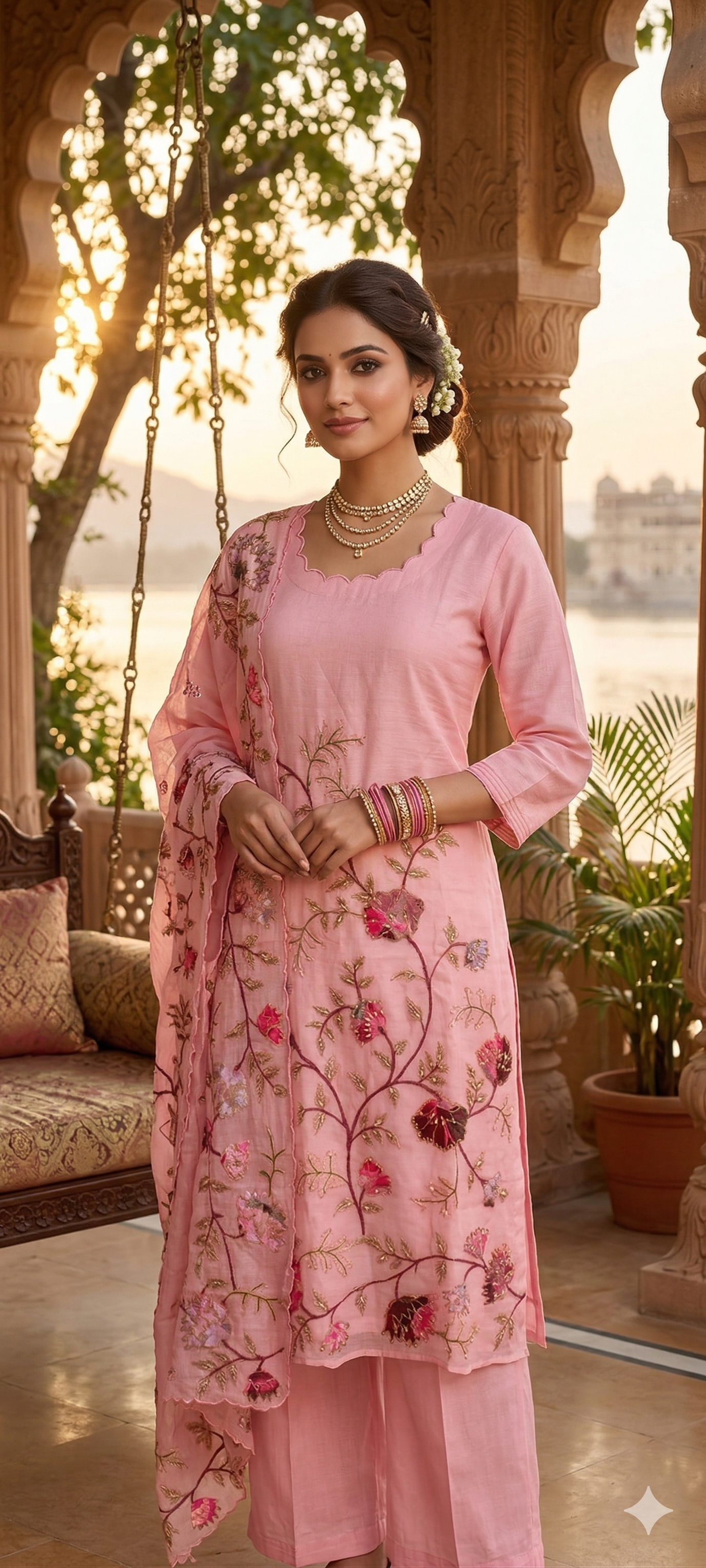 Elegant Soft Mul Chanderi Straight Cut Suit Set with Intricate Floral Embroidery- 14029  RB107