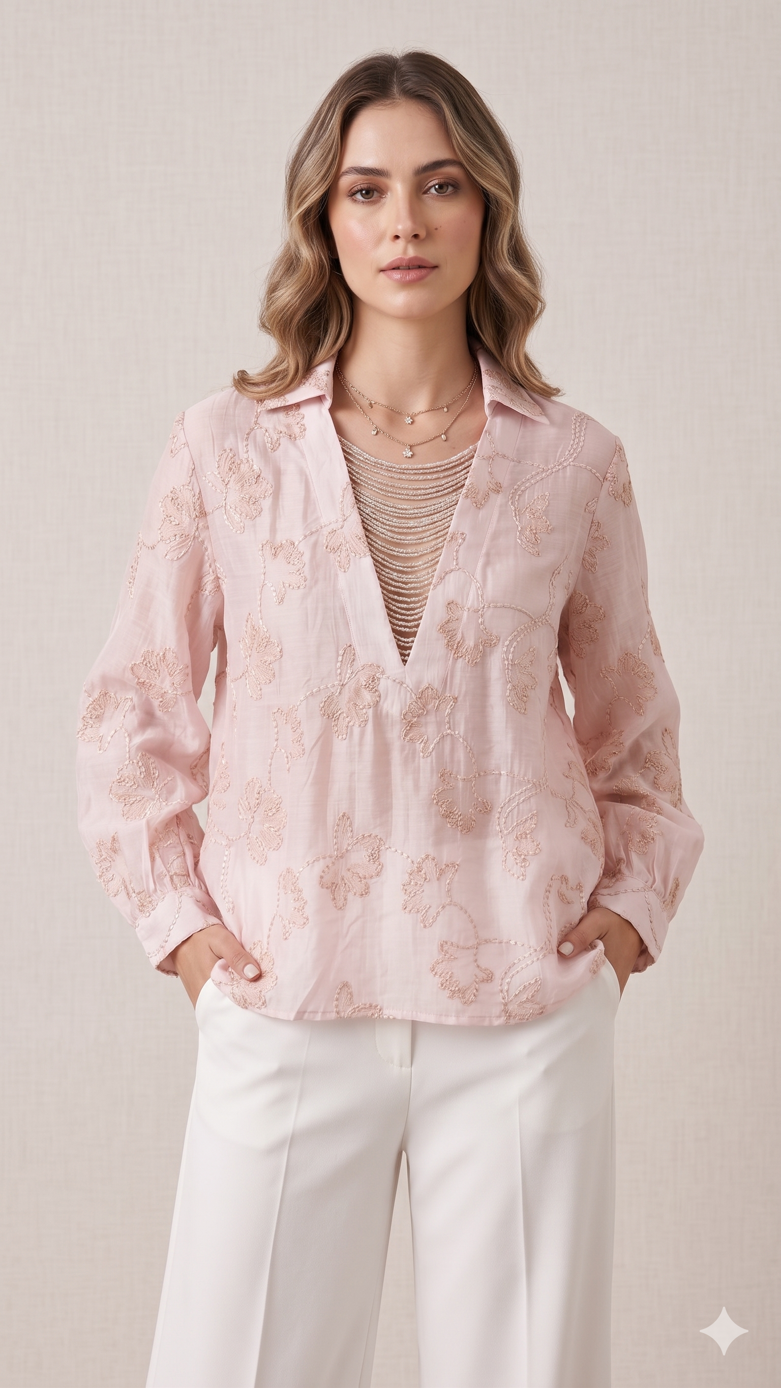 Soft Pastel Embroidered Shirt  Delicate Floral Detailing and Glamorous Stone work Layer