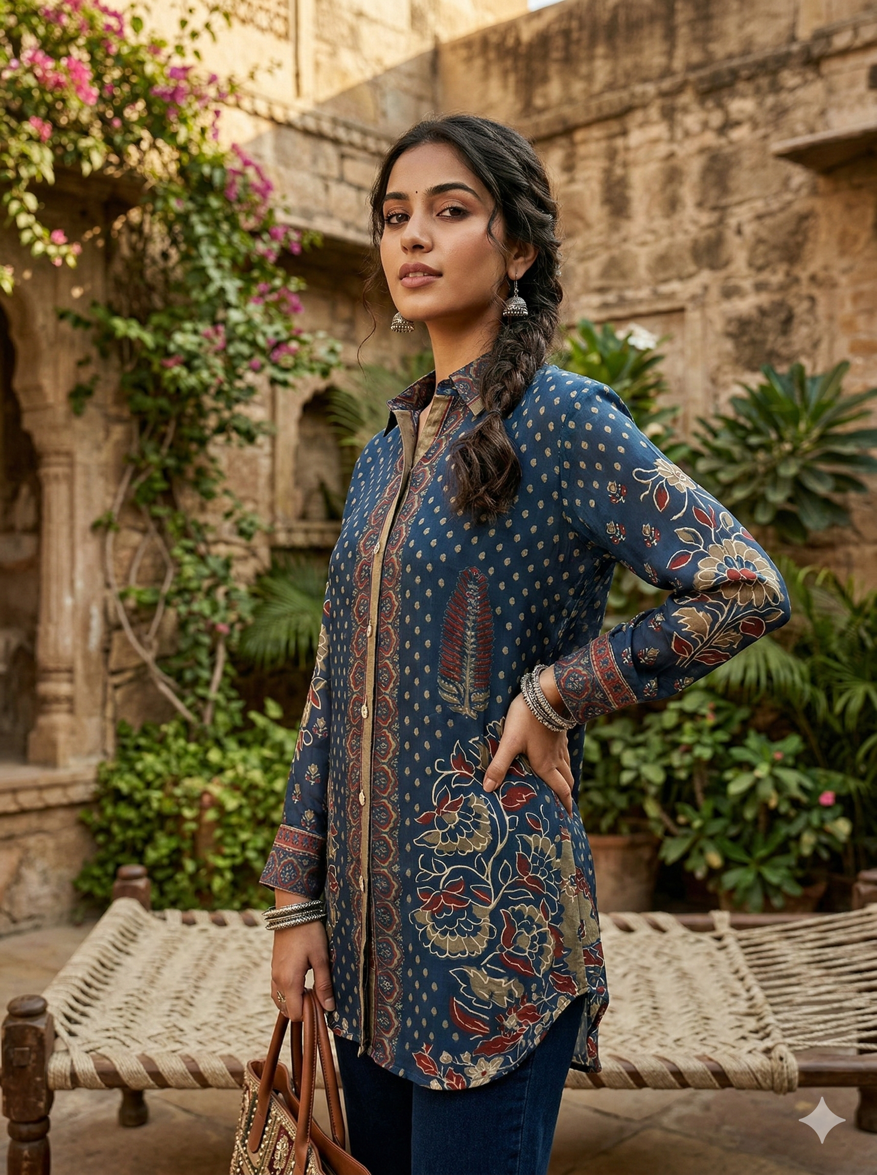 Pure Crepe Navy Blue Ajrakh Inspired Floral Print Collared Button-Down Kurti Shirt with Ethnic Border Detailing