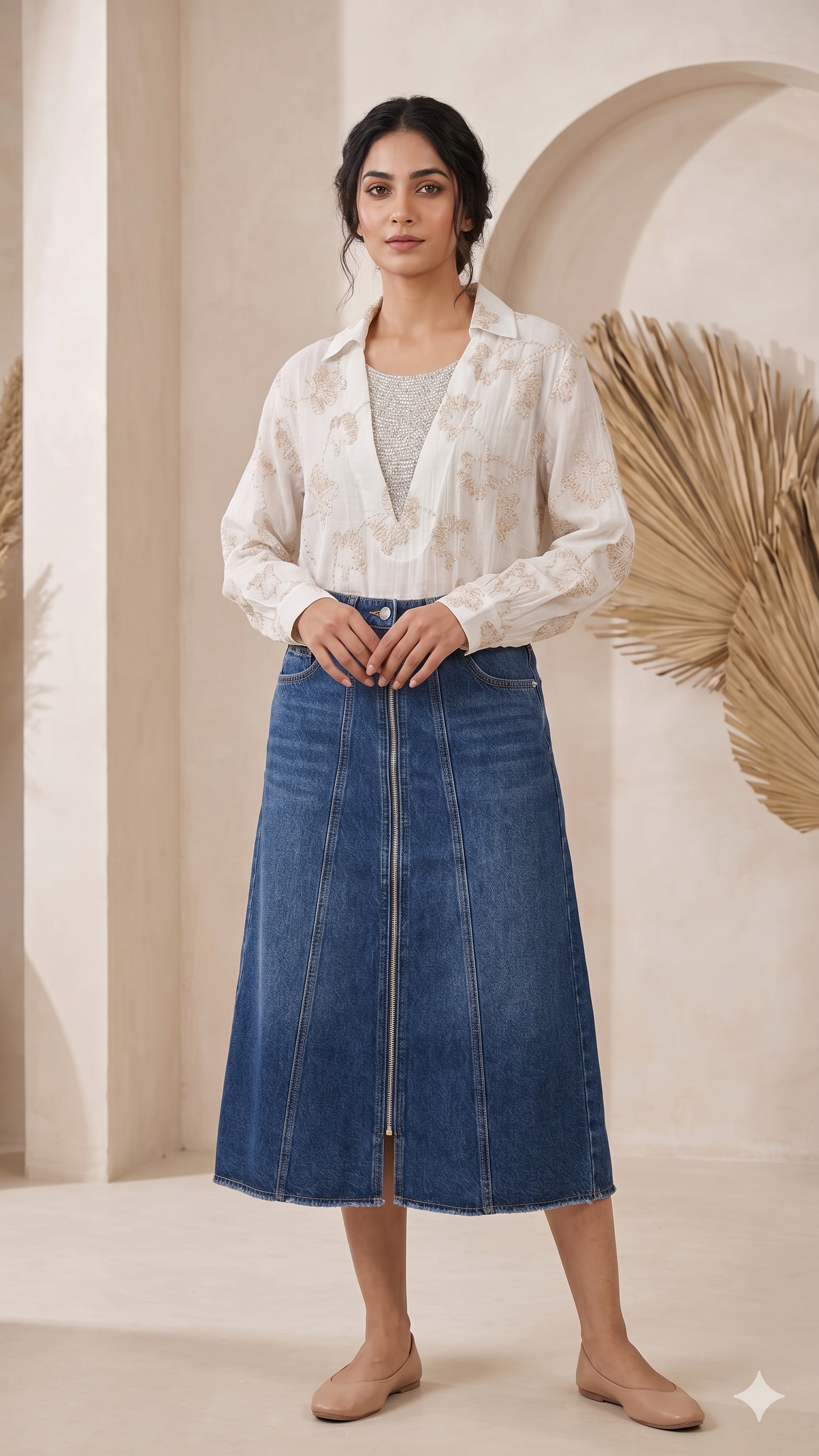 Soft Pastel Embroidered Shirt  Delicate Floral Detailing and Glamorous Stone work Layer
