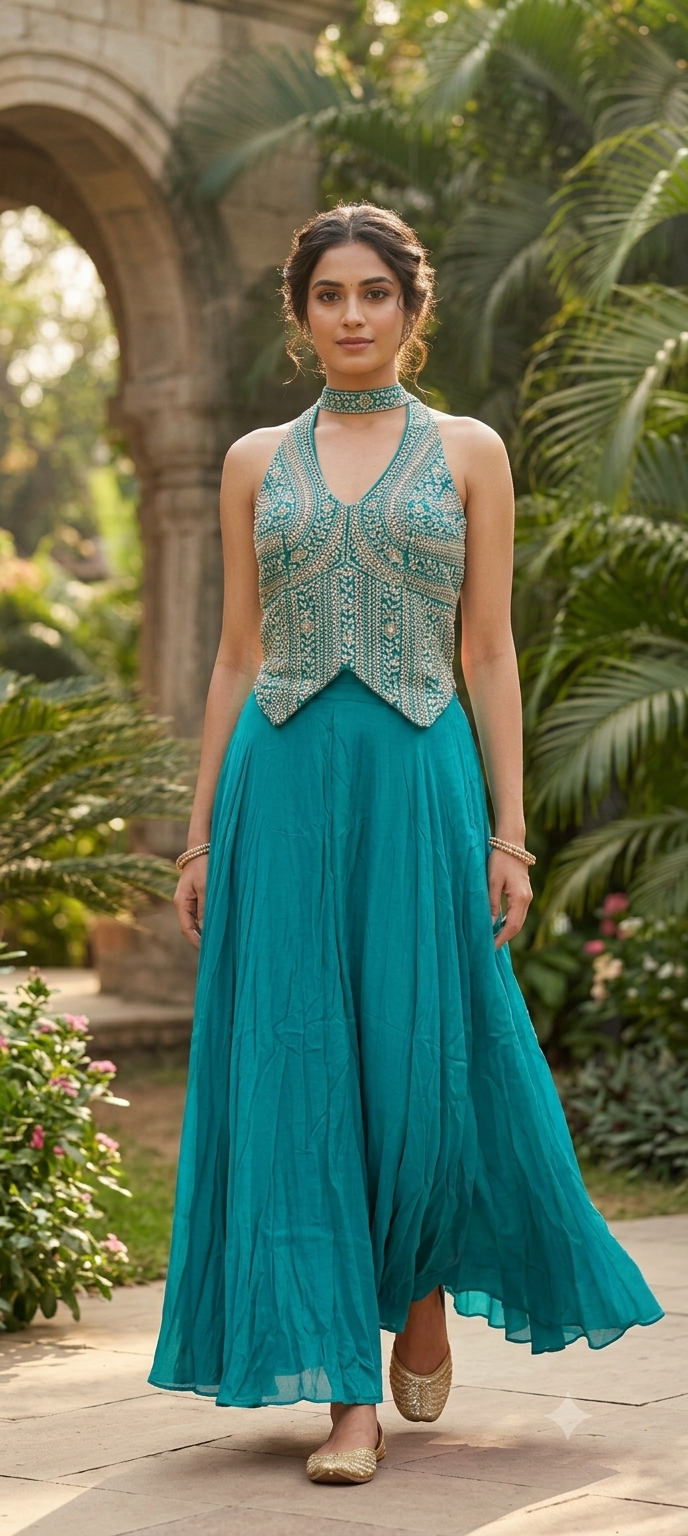 Sequin & Cut-Dana Handwork Encrusted Halter Neck Crop Top with Flowy Chinon Flared Skirt Bottom & Chowker Dupatta- 16622