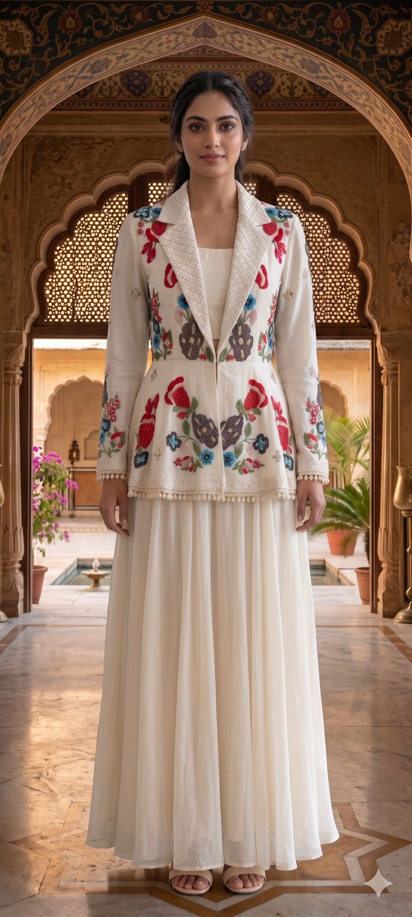 Elegant 3-piece partywear beautifully embellished peplum-style jacket, inner top, and flowy draped palazzo pants-14327