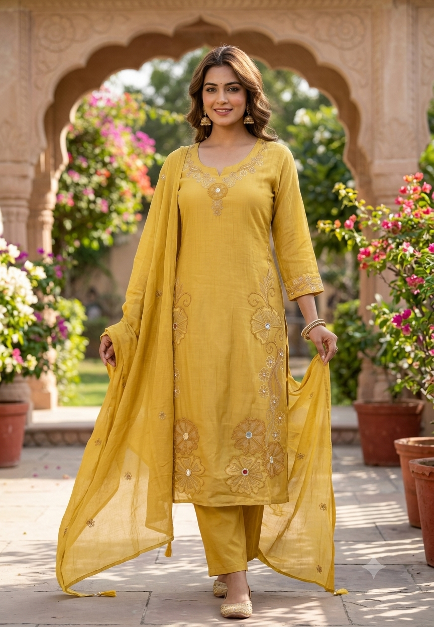 Intricate Embroidered Elegance Surat Mul-Chanderi Straight Full Suit Set With Dupatta- 16085