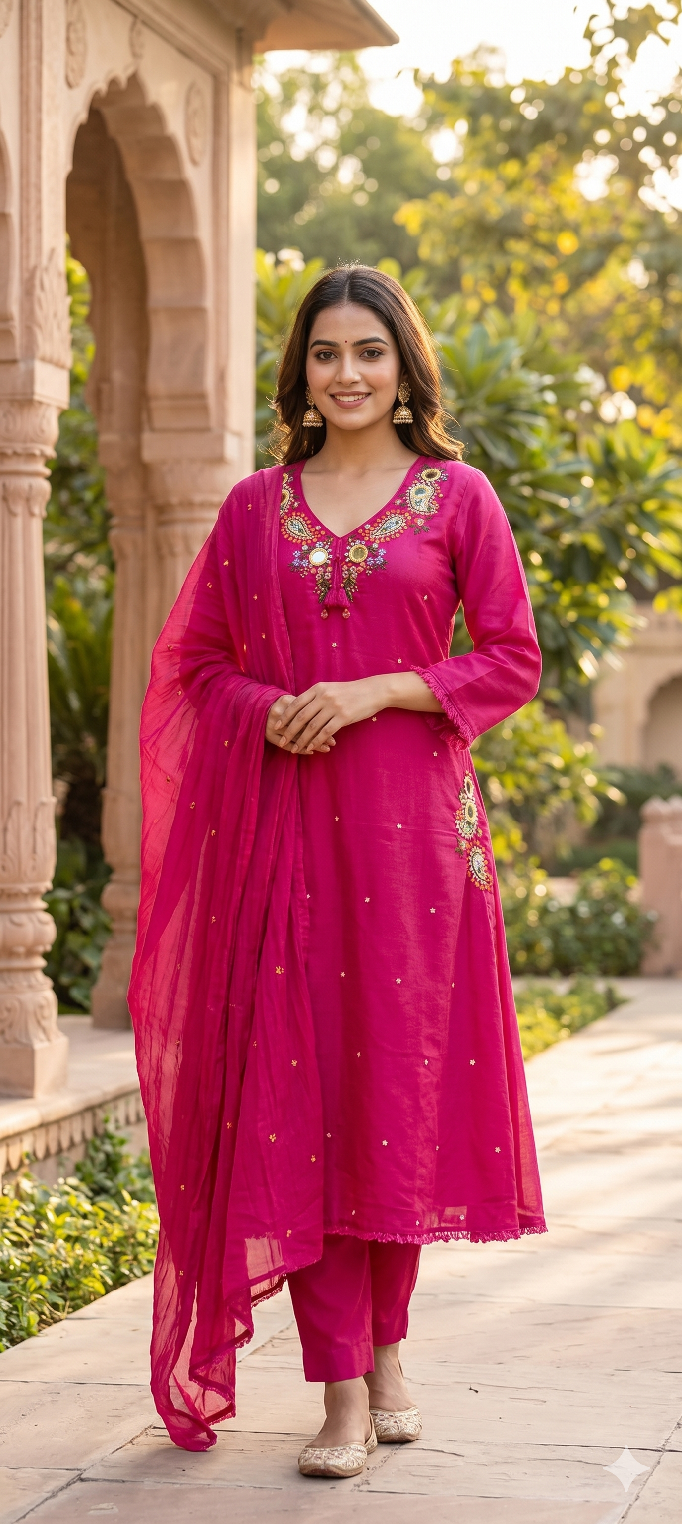 Stylish Mul Cotton A-Line Full Suit Set with Beautiful Mirror Embroidery and Both Side Pockets- 15167
